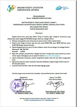 Announcement of SP2020-Long Form Recruitment Officer Phase 2 at BPS Jepara Regency