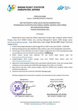 Pengumuman Rekrutmen Petugas SP2020-Long Form Tahap 1 BPS Kabupaten Jepara