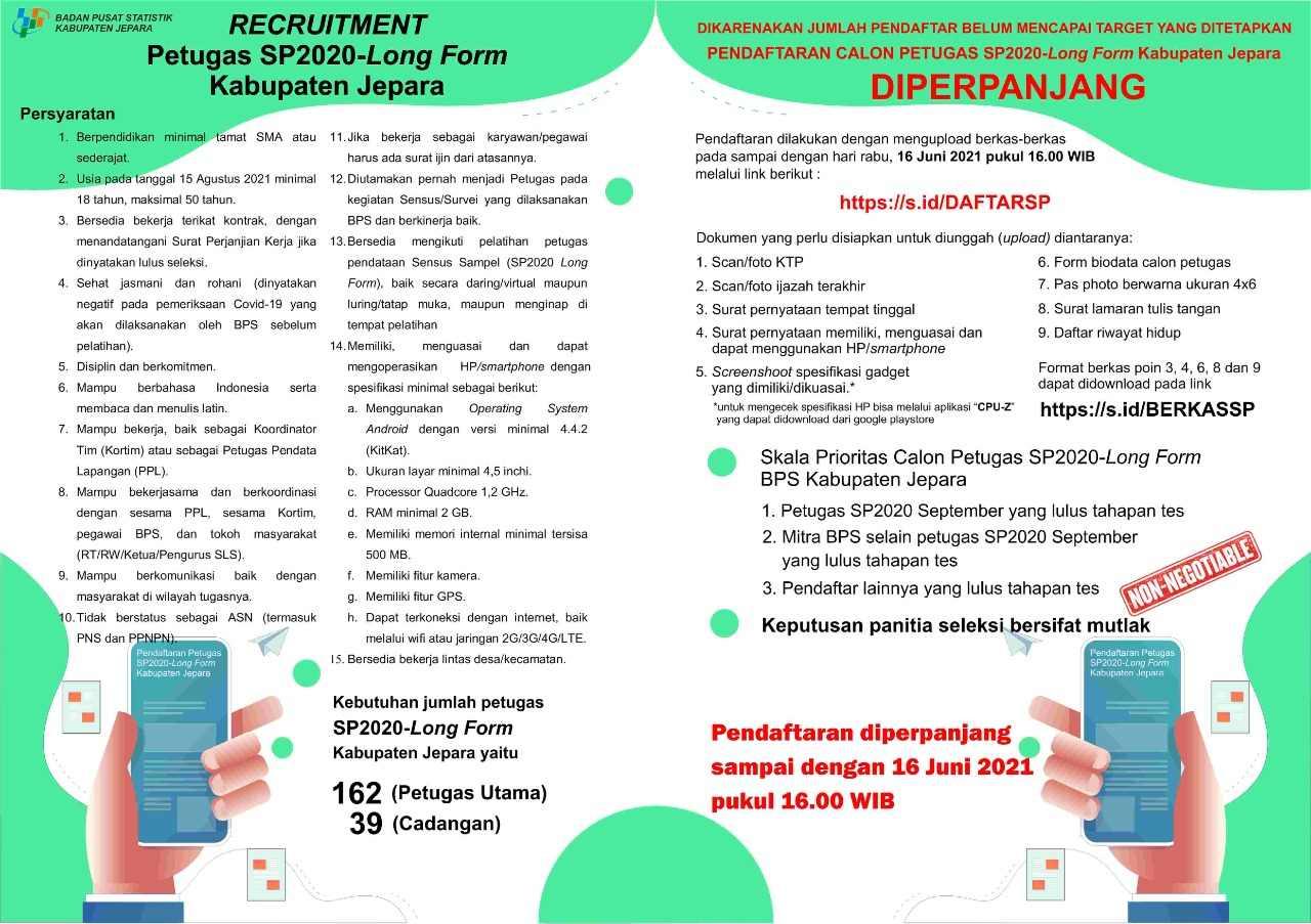 Rekrutmen Petugas SP2020-Long Form Kabupaten Jepara kembali diperpanjang