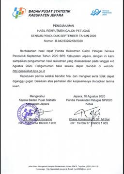 Pengumuman Hasil Rekrutmen Calon Petugas Sensus Penduduk September Tahun 2020 BPS Kabupaten Jepara