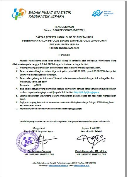 Announcement of SP2020-Long Form Recruitment Officer Phase 2 at BPS Jepara Regency